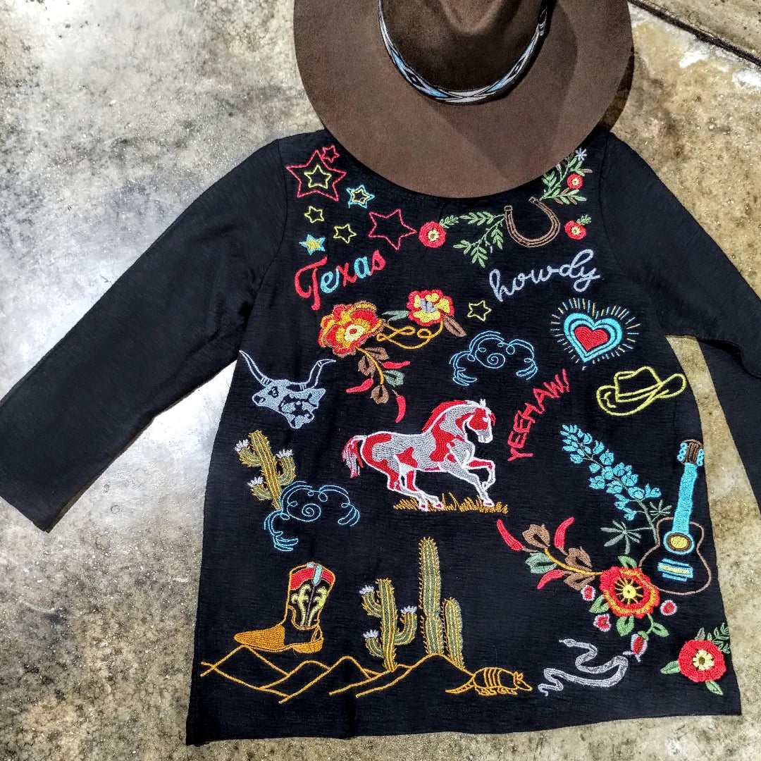 3/4 SLEEVE TEXAS EMBROIDERED TOP in BLACK  FREDERICKSBURG – Yee Haw  Ranch Outfitters