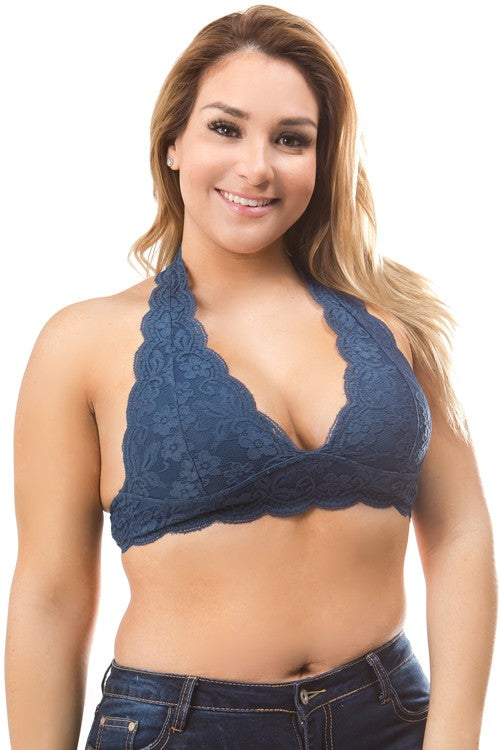 Out From Under Lace Halter Bra in Blue