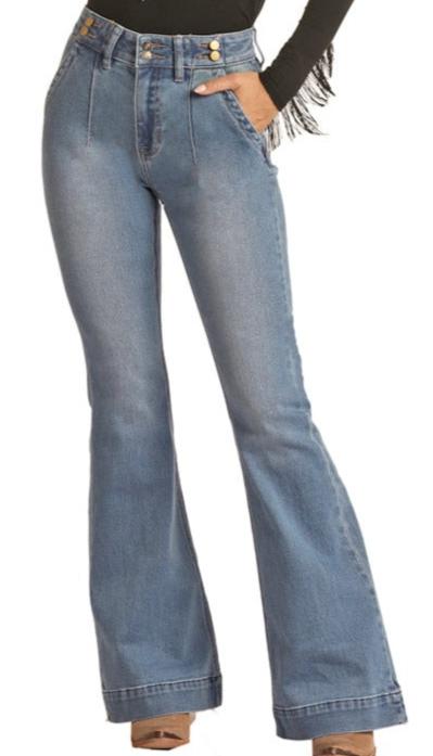 ROCK & ROLL LADIES HIGH RISE EXTRA STRETCH DART AND BUTTON FLARE JEANS