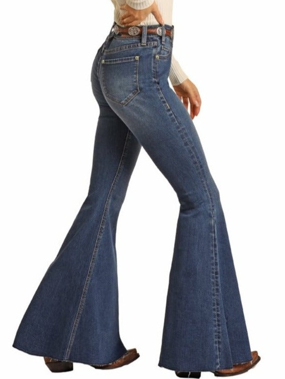 Rock & Roll: High Rise Medium Wash Extra Stretch Bell Bottom Jeans