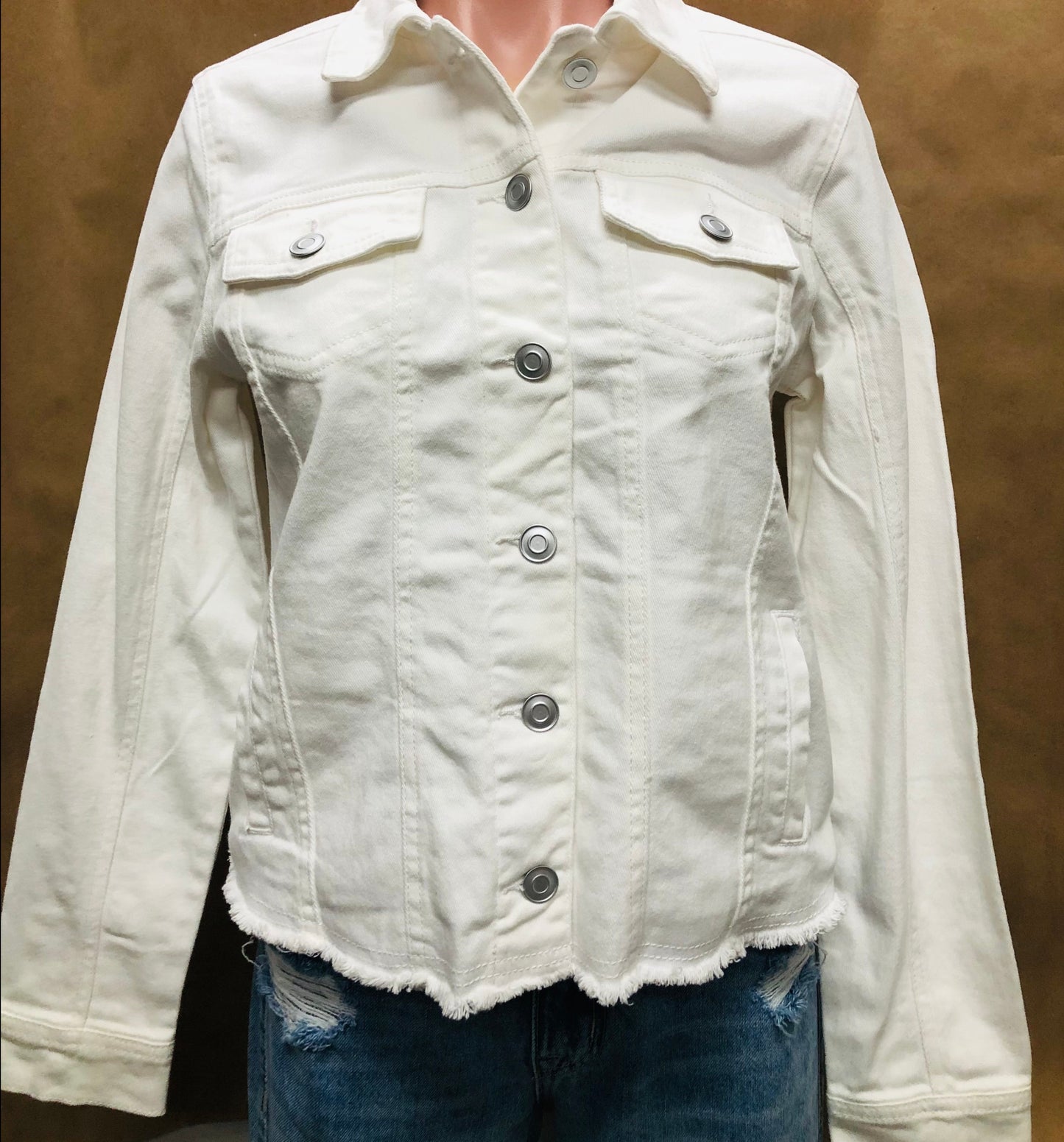 Ladies Denim Fray Hem Trucker Jacket - White