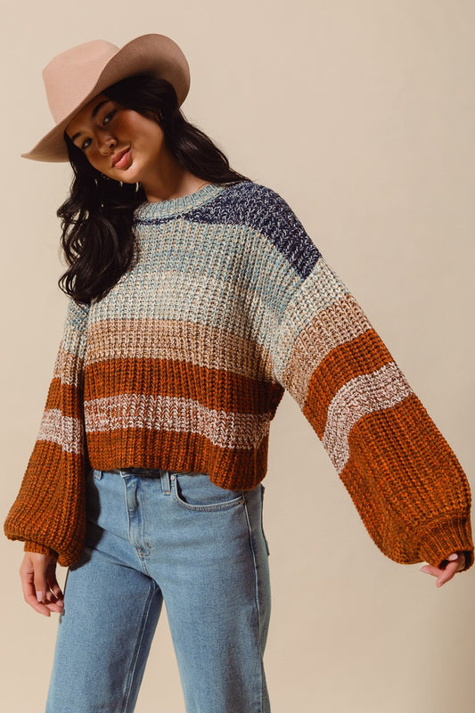 STRIPED MULTI COLOR CROP SWEATER in NAVY/RUST