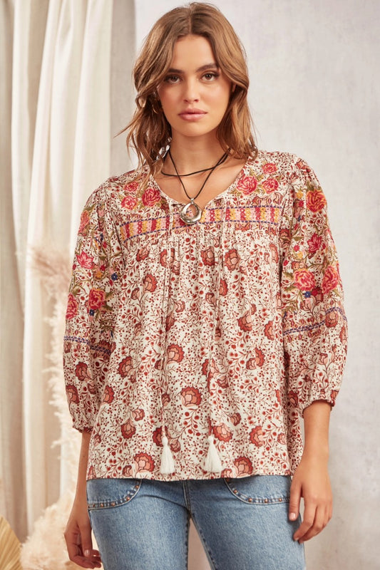 PLUS SIZE SAVANNA JANE V-NECK EMBROIDERED BABYDOLL TOP in RUST