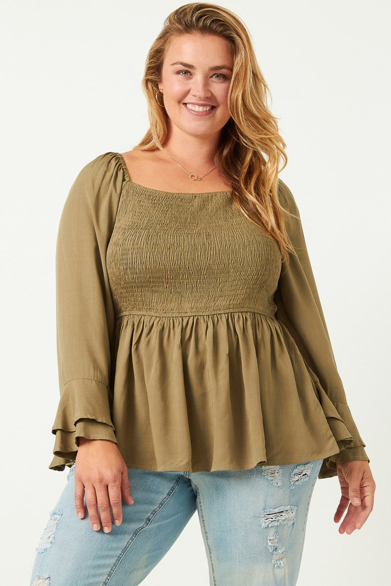 LADIES PLUS SIZE SMOCKED PEPLUM TOP WITH RUFFLED SLEEVES in OLIVE