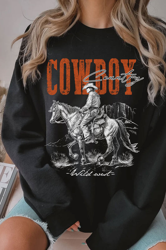 COWBOY COUNTRY GRAPHIC BRUSHED SWEATSHIRT in BLACK