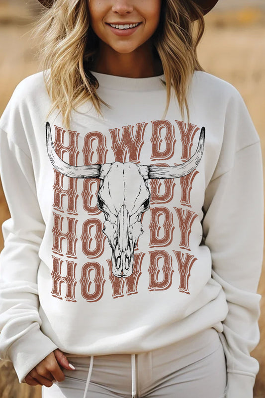 HOWDY COW SKULL GRAPHIC BRUSHED SWEATSHIRT in OAT