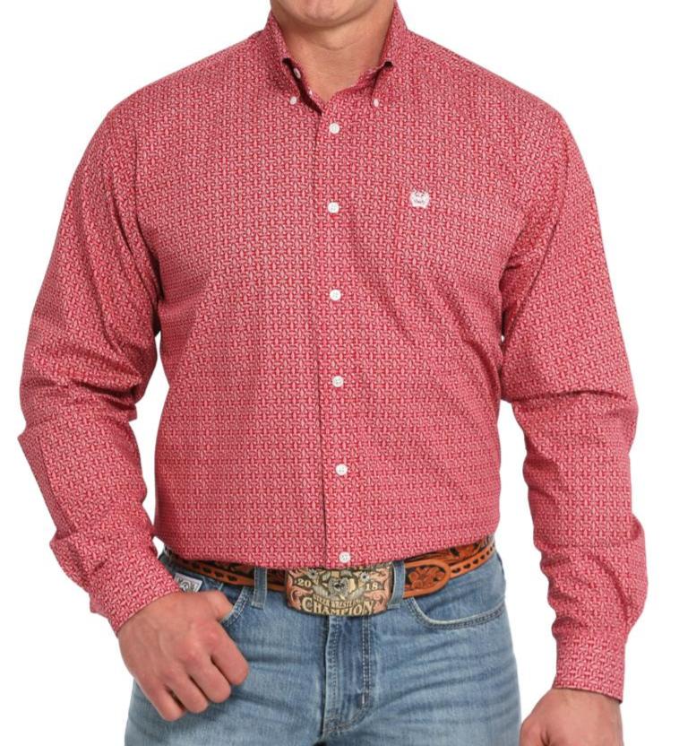 CINCH MEN'S LONG SLEEVE RED GEO PRINT BUTTON DOWN SHIRT