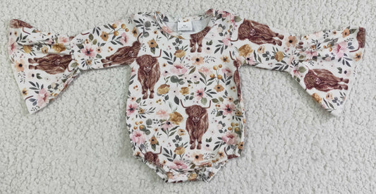 HIGHLAND COW FLORAL BABY GIRL BELL SLEEVE ONESIE