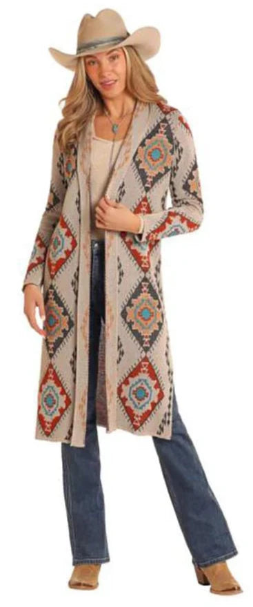 ROCK AND ROLL LADIES AZTEC KNIT DUSTER in EGGSHELL