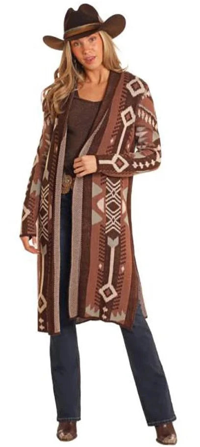 ROCK AND ROLL LADIES AZTEC KNIT DUSTER in BROWN