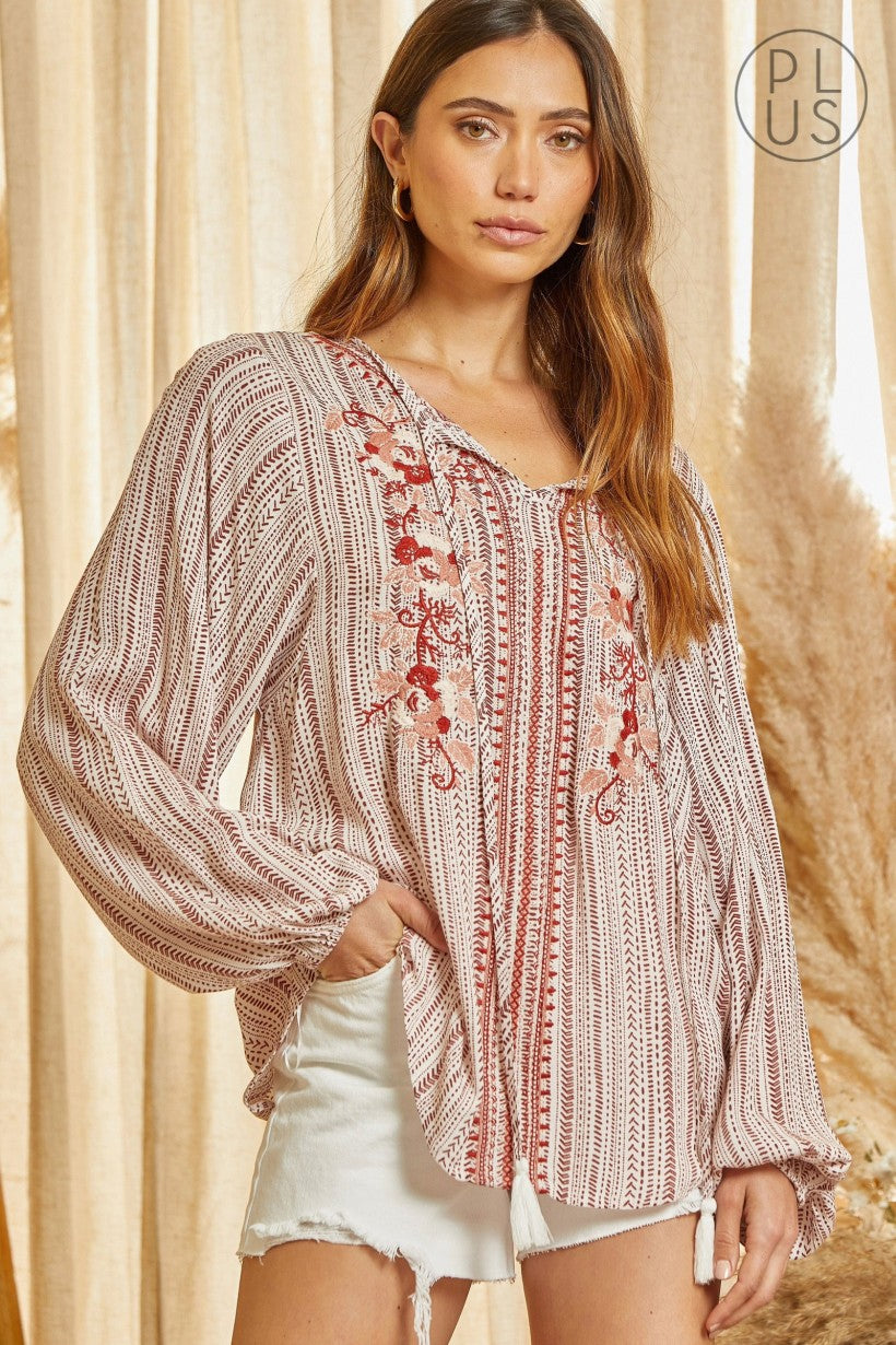 PLUS SIZE SAVANNA JANE EMBROIDERED TUNIC TOP