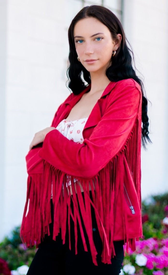 W.A.Y. SUEDE FRINGE JACKET in RED