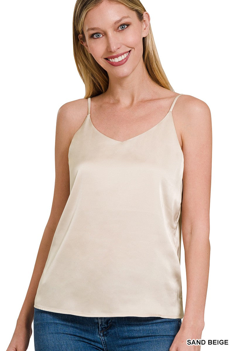 SATIN CHARMEUSE V-NECK CAMI TOP in SAND BEIGE