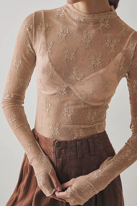 MOCK NECK LONG SLEEVE LACE MESH TOP in BEIGE