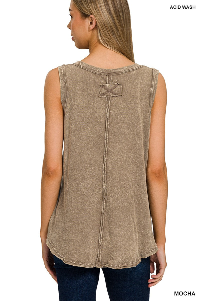 CRINKLE WASHED V-NECK SLEEVELESS TOP in MOCHA