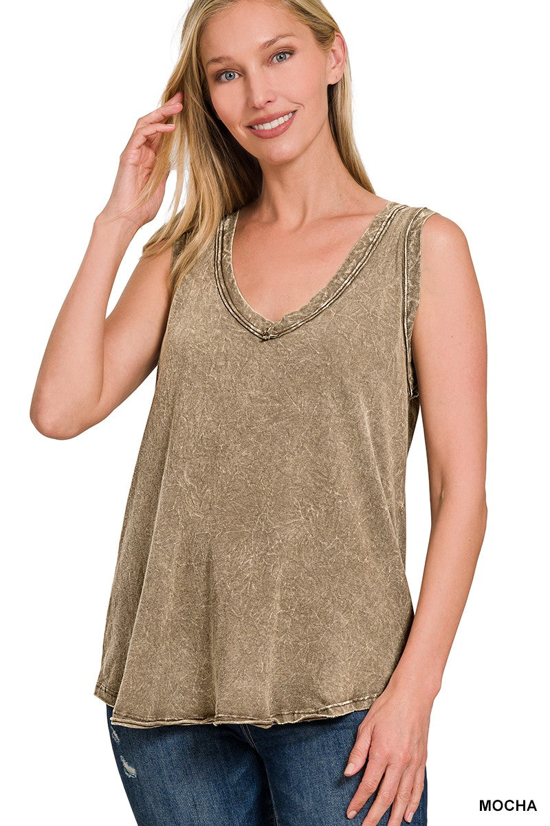 CRINKLE WASHED V-NECK SLEEVELESS TOP in MOCHA