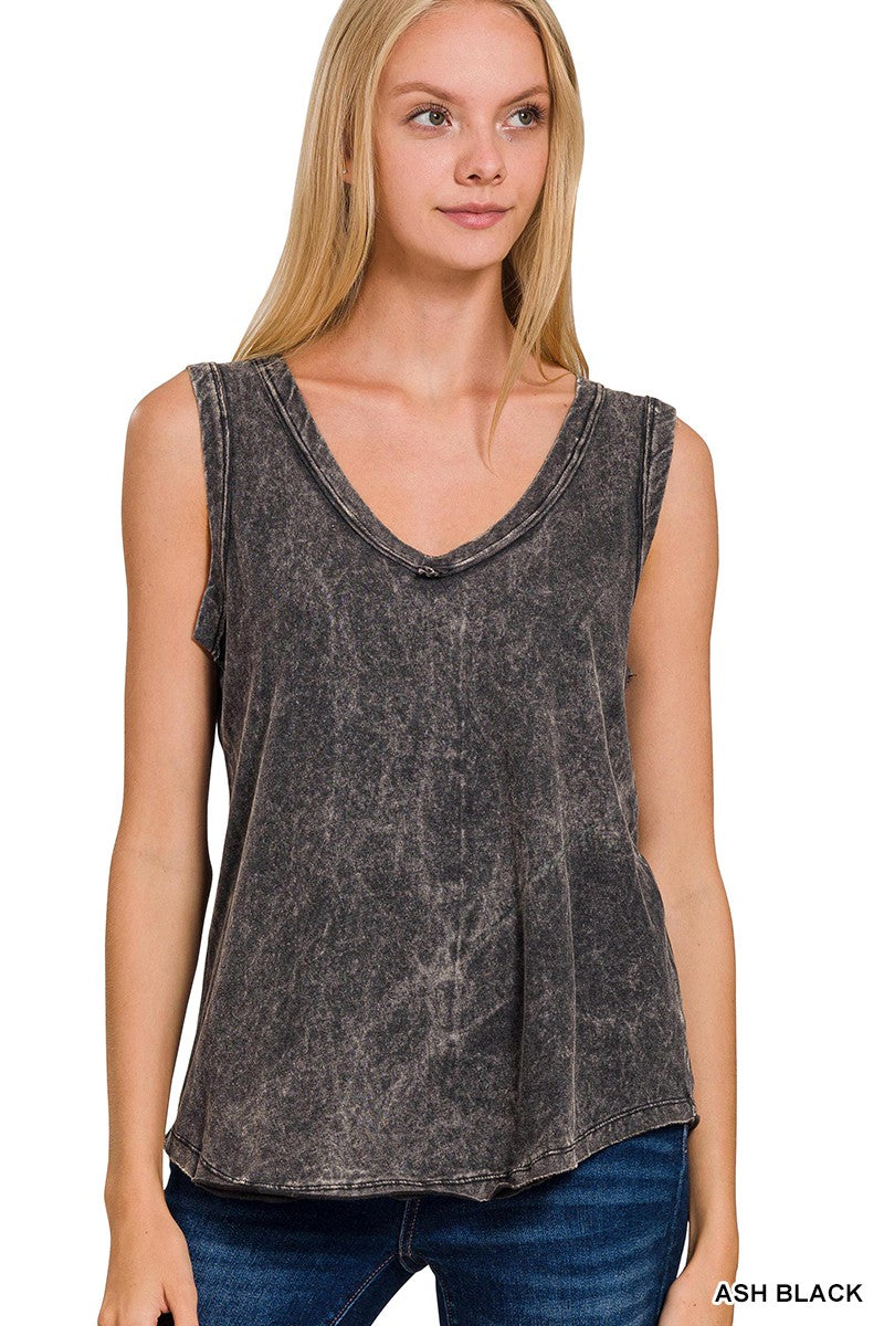 CRINKLE WASHED V-NECK SLEEVELESS TOP in ASH BLACK