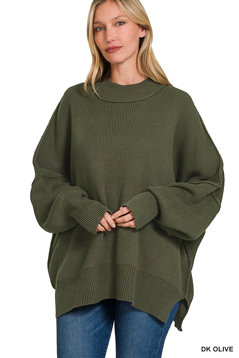 SIDE SLIT OVERSIZED SWEATER in DARK OLIVE