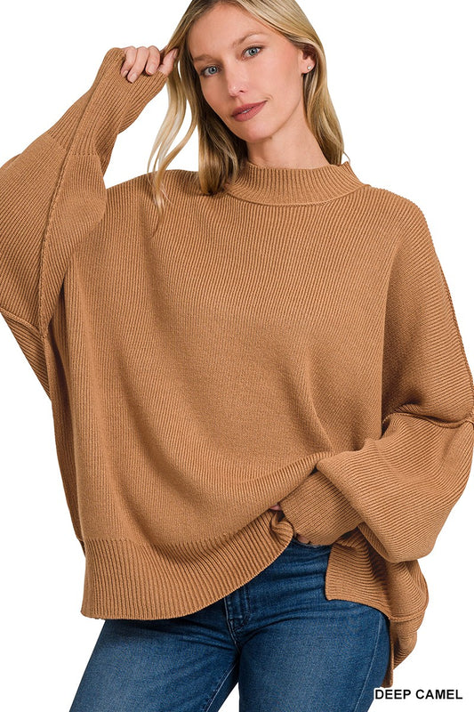 SIDE SLIT OVERSIZED SWEATER in DEEP CAMEL