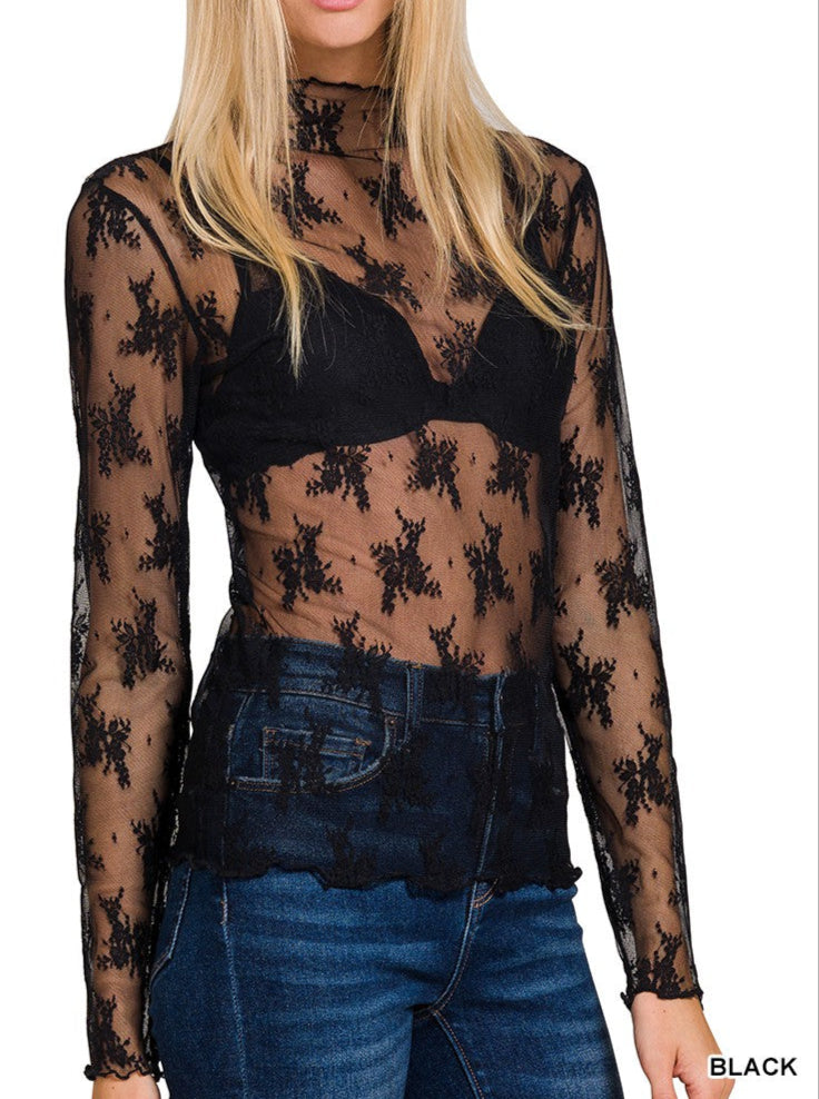 MOCK NECK LACE LAYERING TOP in BLACK