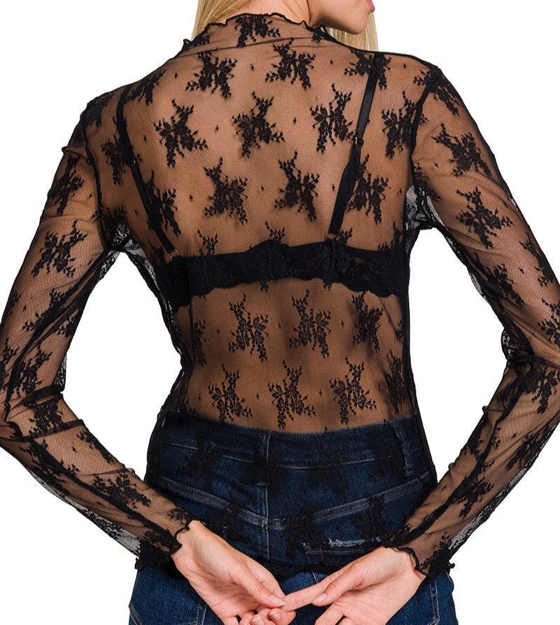 MOCK NECK LACE LAYERING TOP in BLACK