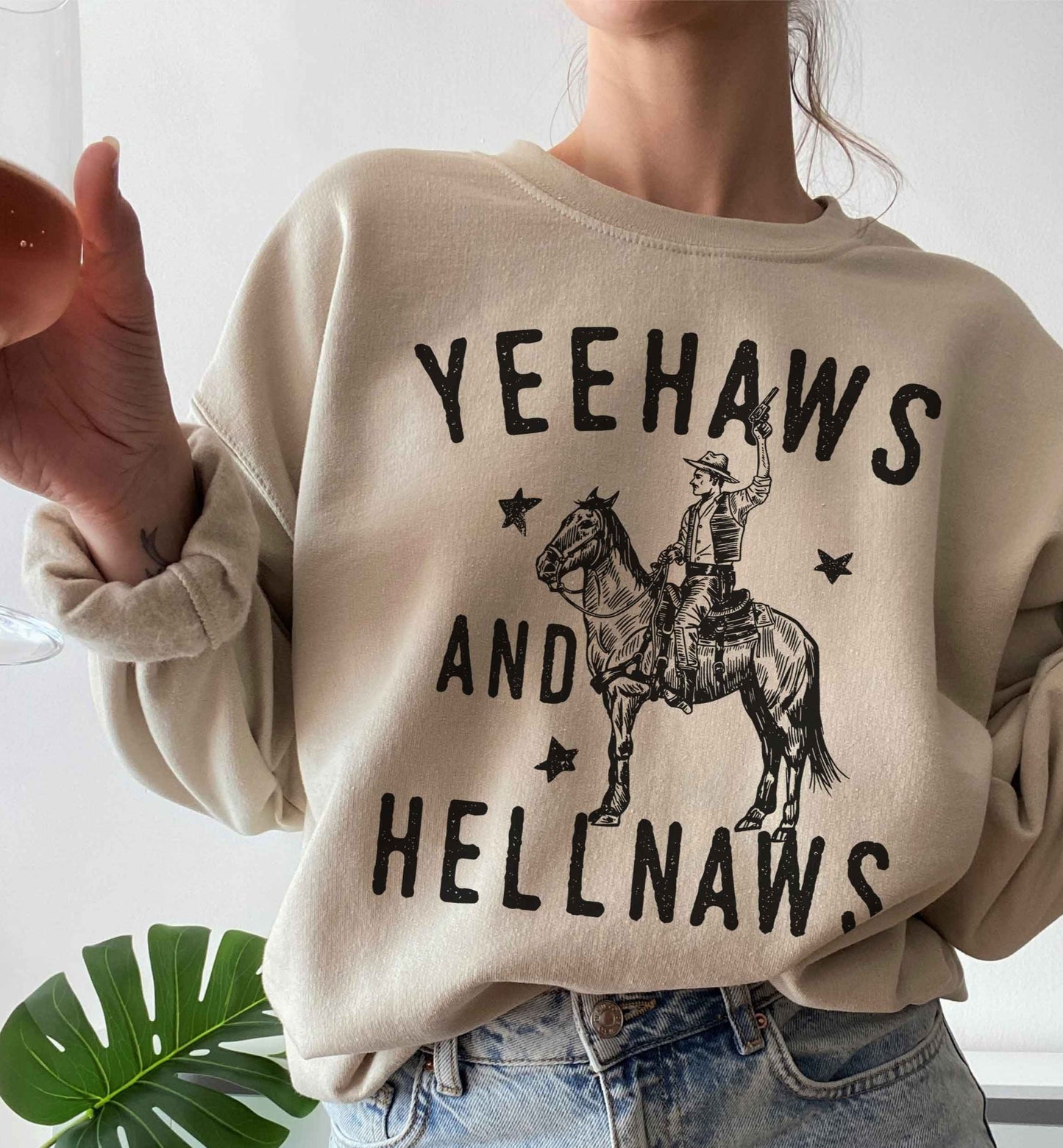 YEE HAWS AND HELL NAWS GRAPHIC SWEATSHIRT in SAND