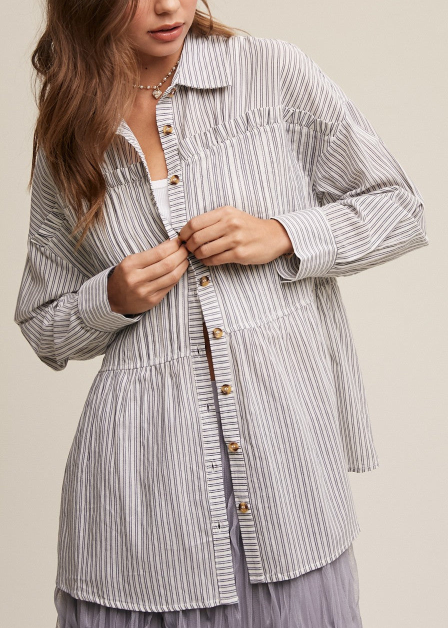 RUFFLE FRONT NAVY PINSTRIPE BUTTON UP SHIRT