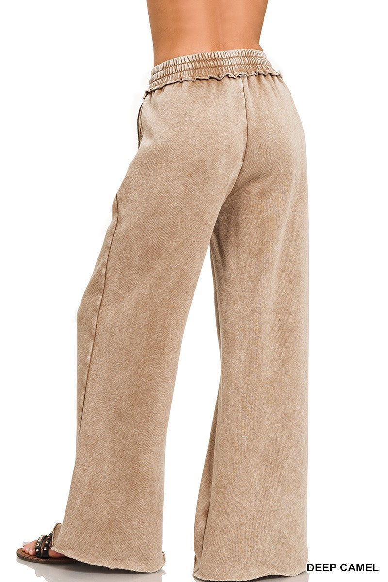 ACID WASH FLEECE PALAZZO SWEATPANTS WITH POCKETS in DEEP CAMEL