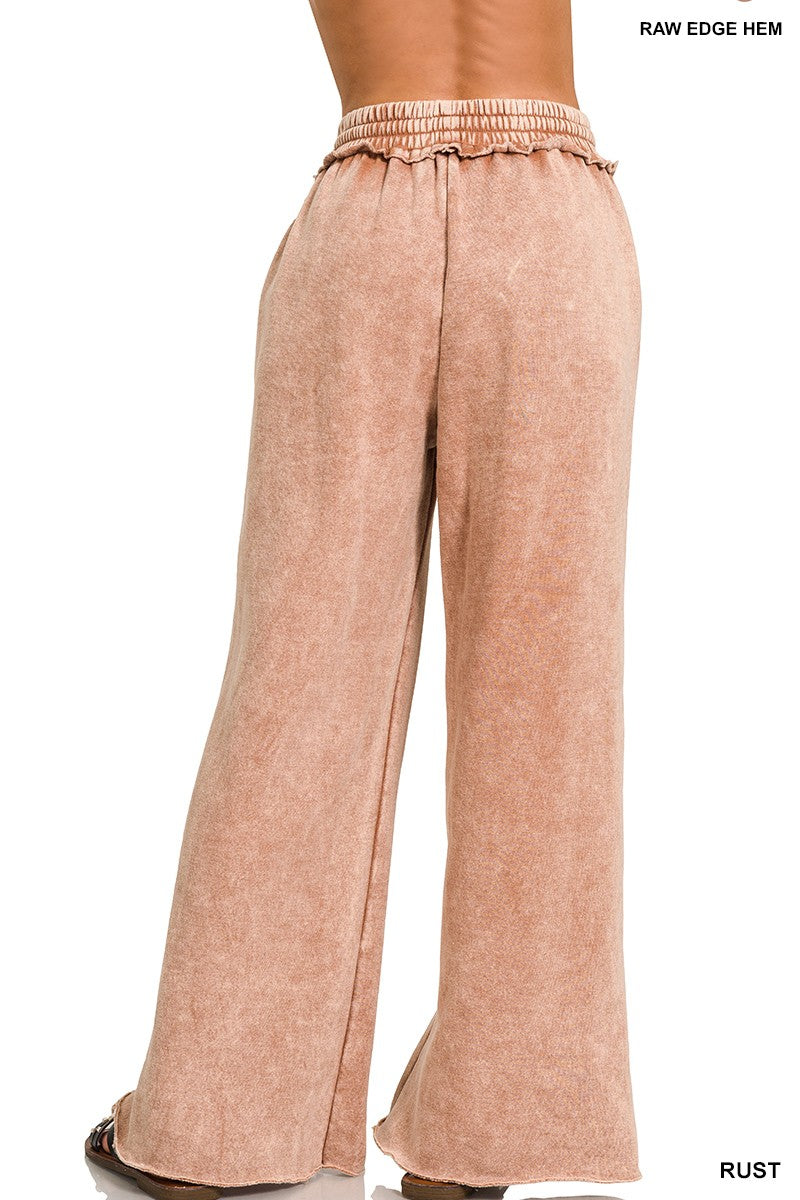 ACID WASH FLEECE PALAZZO SWEATPANTS WITH POCKETS in RUST