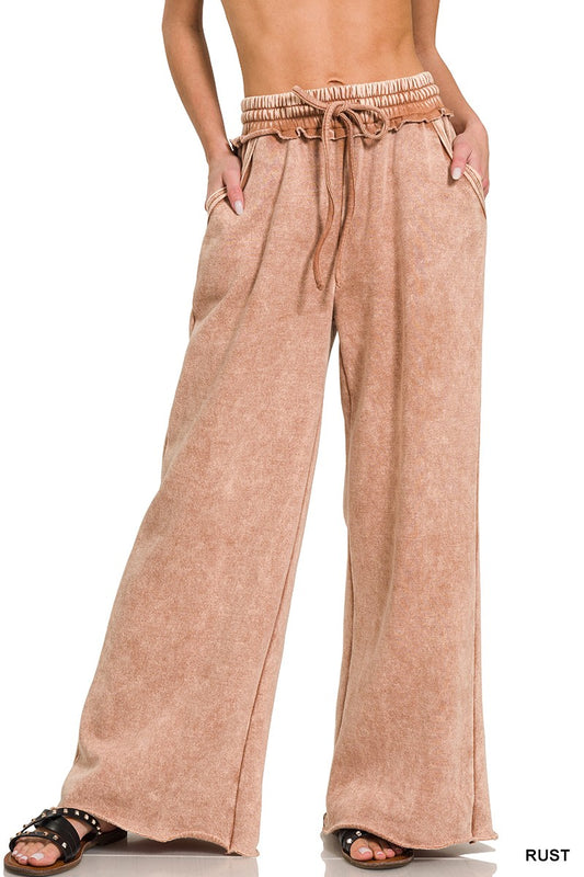 ACID WASH FLEECE PALAZZO SWEATPANTS WITH POCKETS in RUST