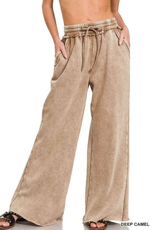 ACID WASH FLEECE PALAZZO SWEATPANTS WITH POCKETS in DEEP CAMEL