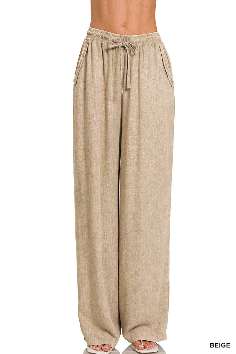 ACID WASHED LINEN ELASTIC BAND WAIST PANTS in BEIGE