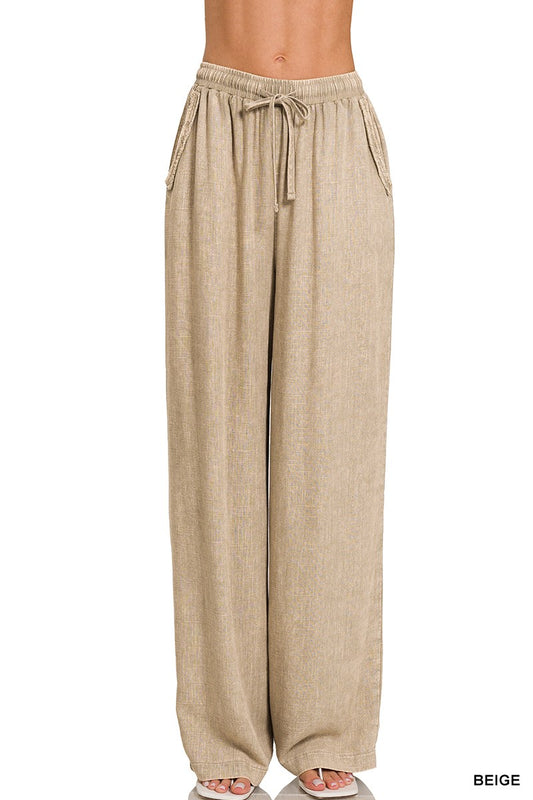 ACID WASHED LINEN ELASTIC BAND WAIST PANTS in BEIGE