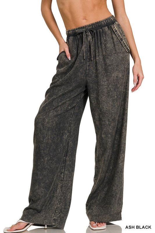 ACID WASHED LINEN ELASTIC BAND WAIST PANTS in ASH BLACK