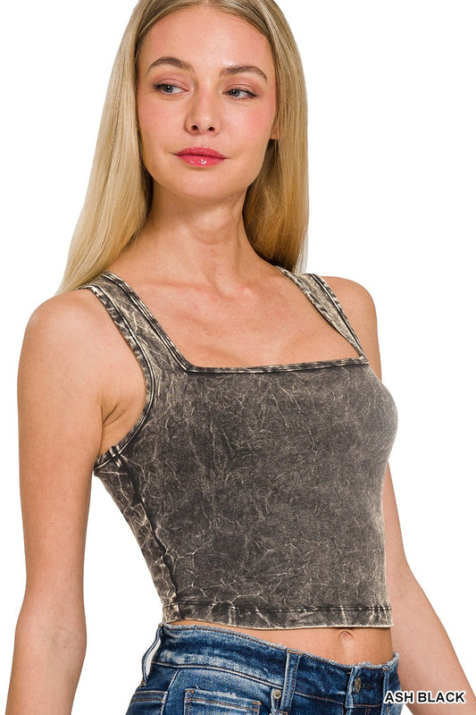 WASHED COTTON SQUARE NECK CROPPED CAMI TOP in ASH BLACK