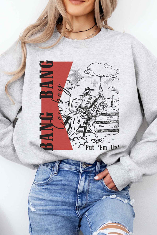 BANG BANG COWBOY PUT EM UP GRAPHIC SWEATSHIRT in ASH