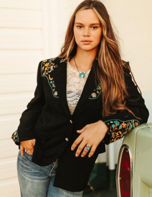 LADIES BLACK SUEDE "LUCKY" EMBROIDERED BLAZER