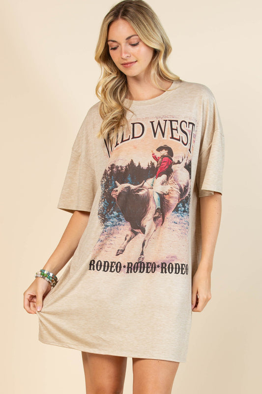 LADIES WILD WEST RODEO GRAPHIC T-SHIRT DRESS in CARMEL