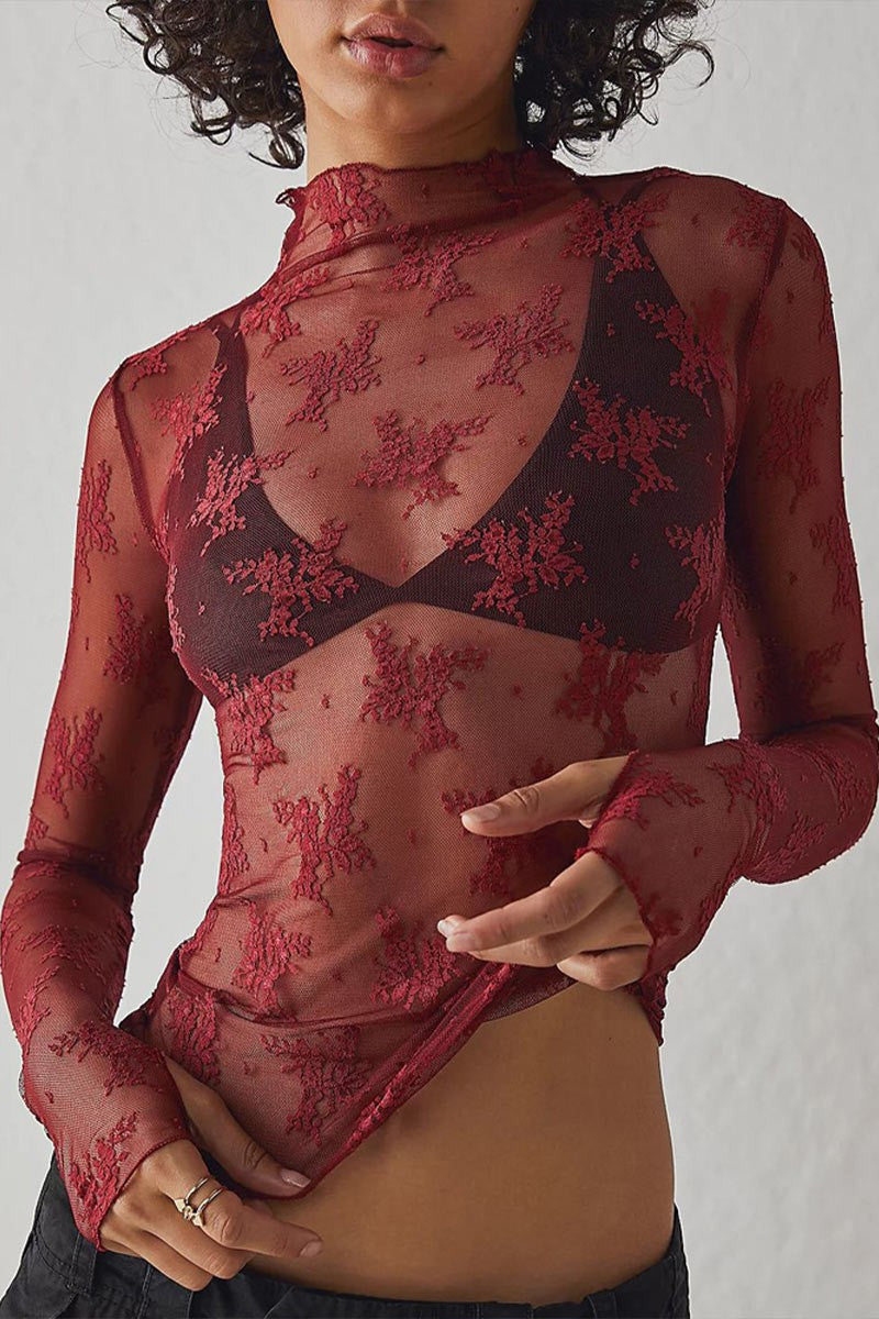 MOCK NECK LONG SLEEVE LACE MESH TOP in WINE