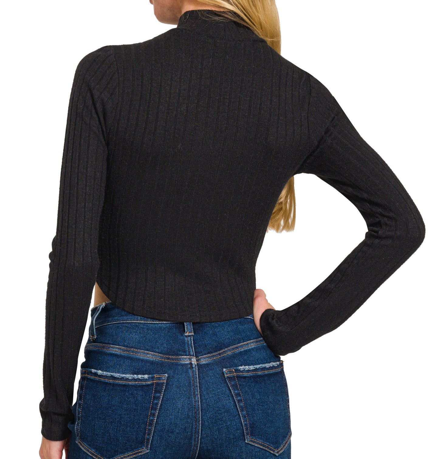 RIBBED MOCK NECK CROPPED LONG SLEEVE TOP in BLACK