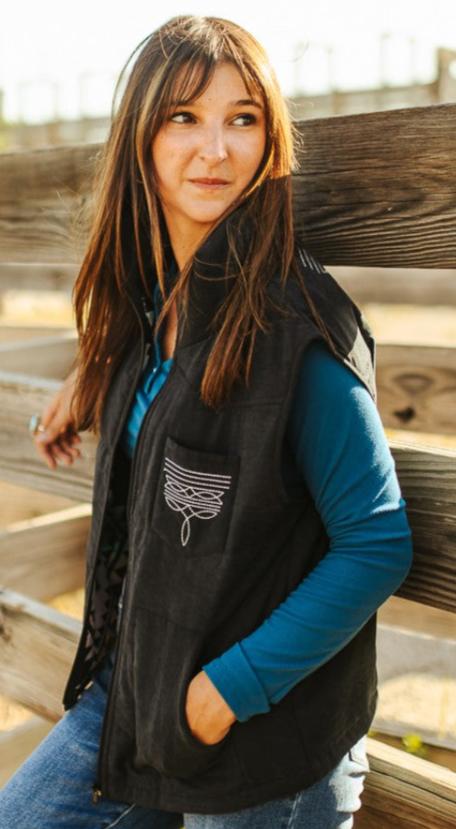 LADIES BLACK PUFFER VEST WITH BOOT STITCHING AND AZTEC LINING