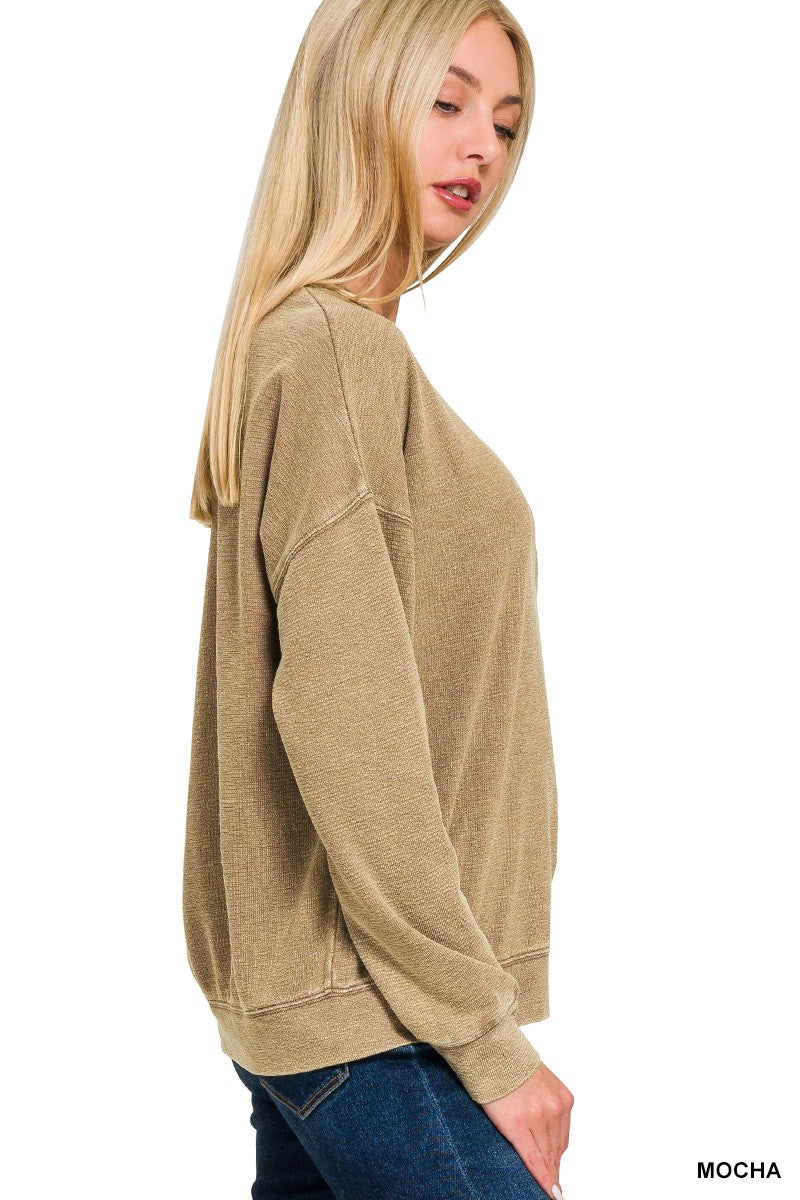 TERRY WASHED ROUND-NECK PULLOVER SWEATSHIRT in MOCHA