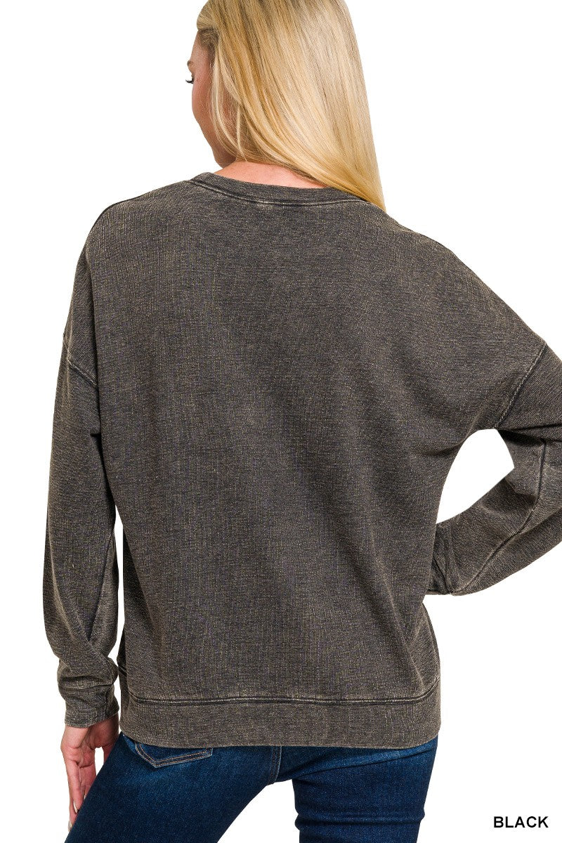 TERRY WASHED ROUND-NECK PULLOVER SWEATSHIRT in BLACK