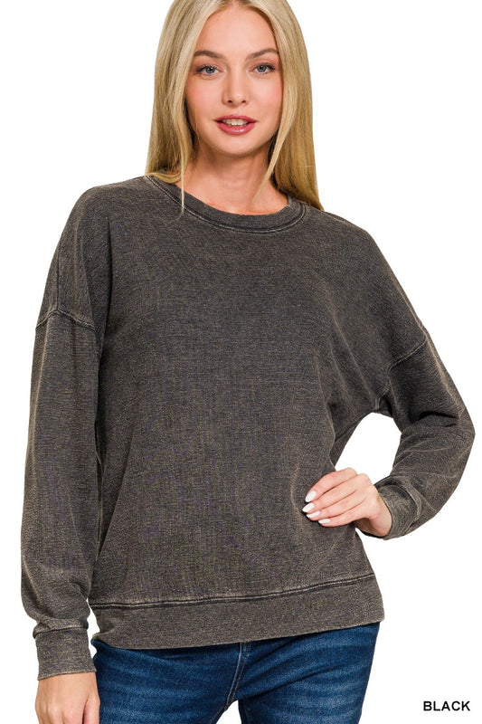 TERRY WASHED ROUND-NECK PULLOVER SWEATSHIRT in BLACK