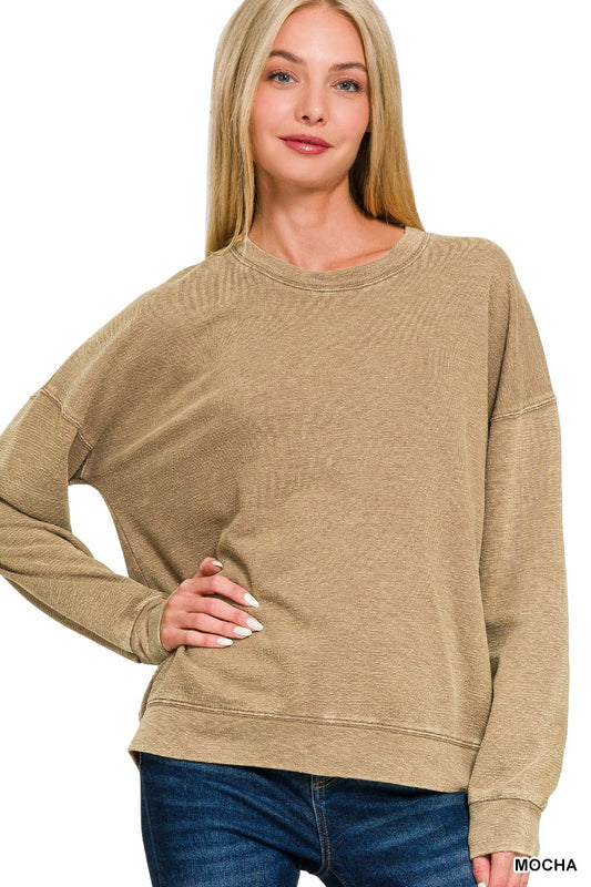 TERRY WASHED ROUND-NECK PULLOVER SWEATSHIRT in MOCHA