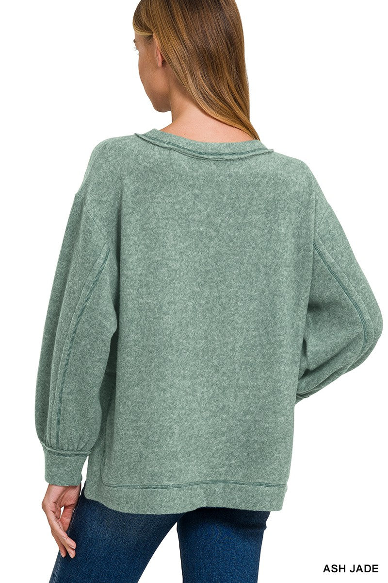 BRUSHED HACCI HI-LOW ROUND NECK SWEATER in ASH JADE