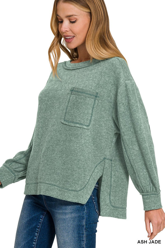 BRUSHED HACCI HI-LOW ROUND NECK SWEATER in ASH JADE