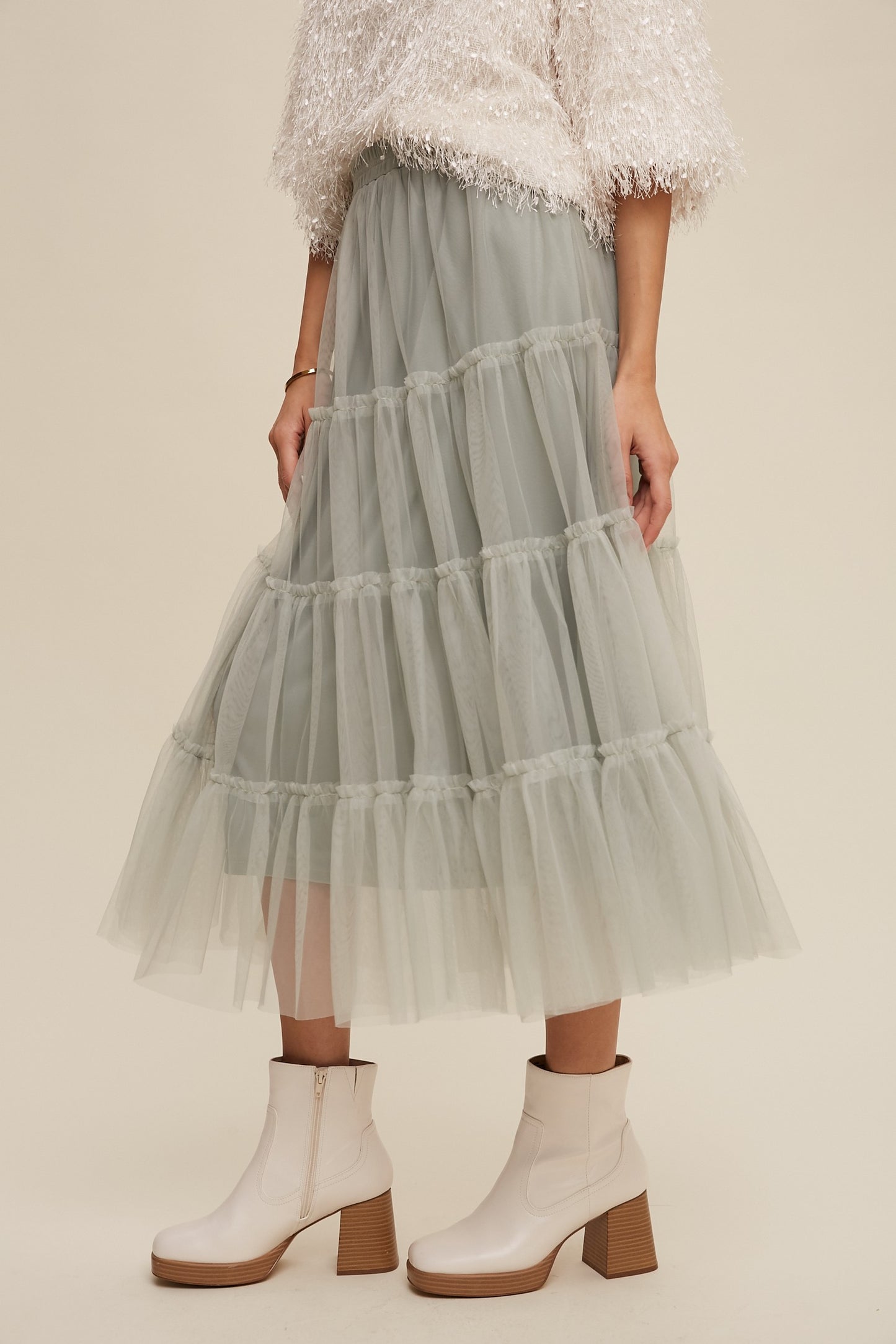 TULLE TIERED MIDI SKIRT in LIGHT SAGE