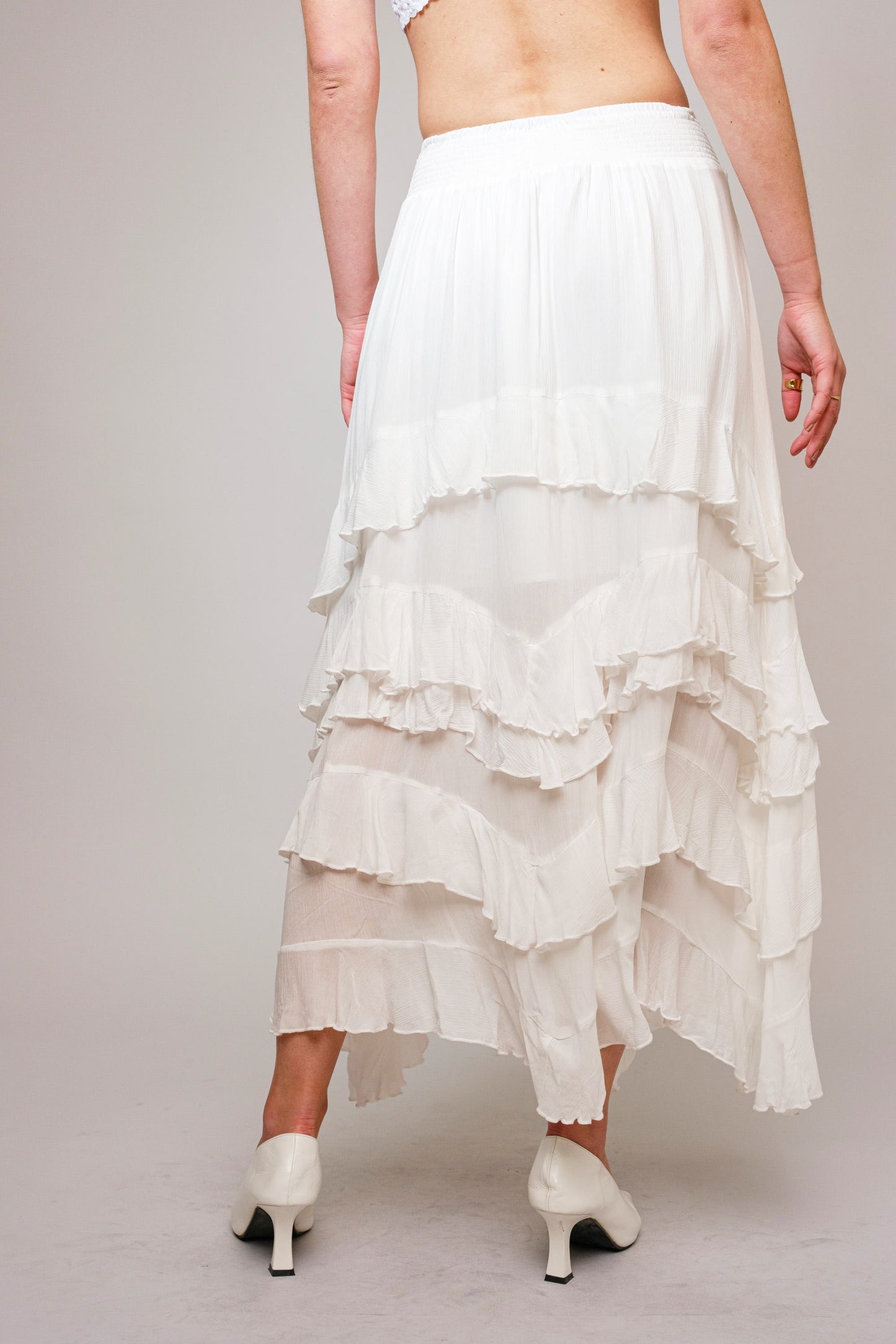 RUFFLE SMOCKED WAIST MAXI SKIRT in OFF WHITE