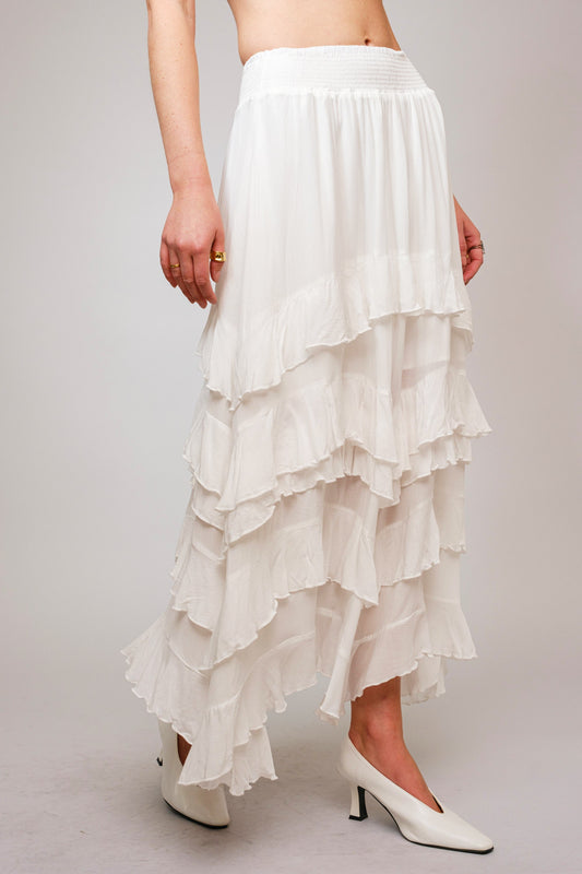 RUFFLE SMOCKED WAIST MAXI SKIRT in OFF WHITE